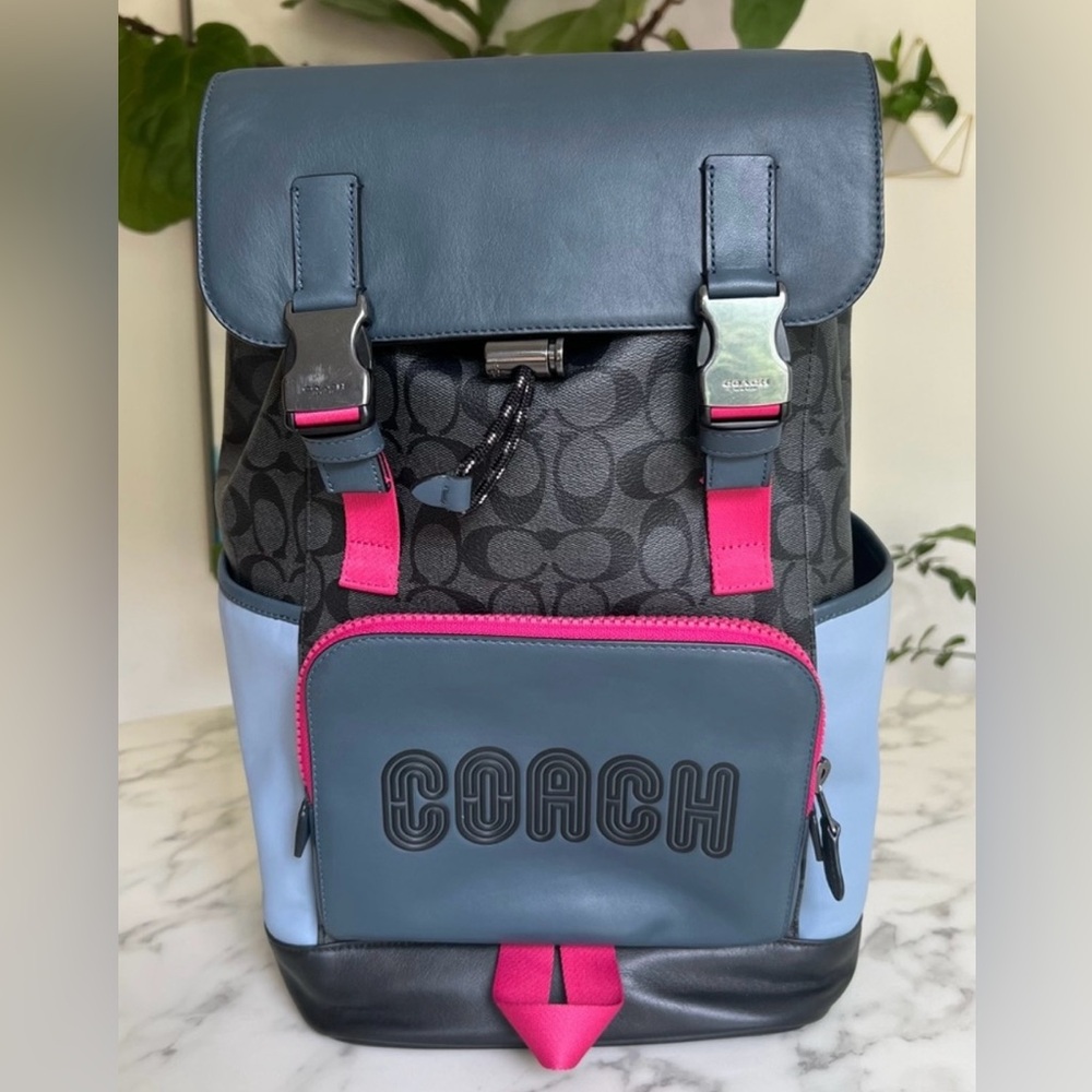 Coach Track Backpack In Colorblock Signature Canvas Charcoal Denim Blue C8130